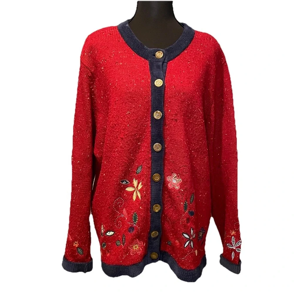 Koret‎ City Blues 1X Red Cardigan Sweater with Embroidered Floral Details
